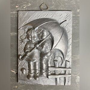 Vintage Pewter Children Under Umbrella Wall Plaque